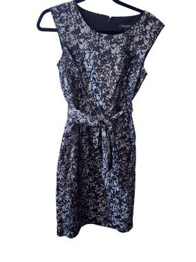 Banana Republic Black & Gray Floral Sleeveless Dress With Tie Waist & Back Zippe